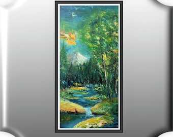 Paisagem de primavera, pintura a óleo da natureza, paisagem florestal.