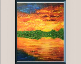 Sunrise oil painting,original sunrise landscape.