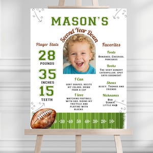 Könnte beinhalten: Ein personalisiertes Poster zum Thema Football auf einer Staffelei. Das Poster zeigt ein Kinderfoto, Statistiken (12,7 kg, 89 cm, 15 Zähne) und Lieblingsdinge. Das Design umfasst eine Football-Grafik und ein grün-weißes Footballfeld.