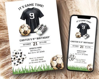 Invito di compleanno a tema calcio, invito stampabile per festa di compleanno a tema calcio, compleanno per bambini a tema calcio, modello digitale di invito sportivo modificabile