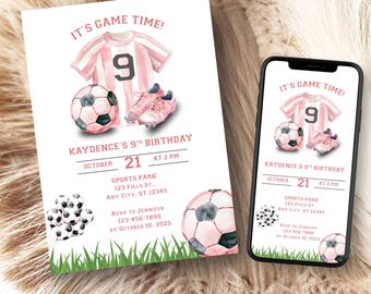 Pink Soccer Birthday Invitation, Printable Girls Soccer Birthday Invite, Kids Football Birthday, Editable Sports Invitation Digital Template