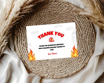 Tarjeta de agradecimiento de cumpleaños de camión de bomberos, papelería para fiesta de cumpleaños de bombero, primer cumpleaños de camión de bomberos, tema de cumpleaños de camión de bomberos F01D