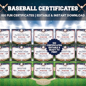 Puede incluir: Una colección de certificados de béisbol con bordes rojos, blancos y azules y gráficos de pelotas de béisbol. El texto dice BASEBALL CERTIFICATES, 100 FUN CERTIFICATES | EDITABLE & INSTANT DOWNLOAD, e incluye varios títulos de premios.
