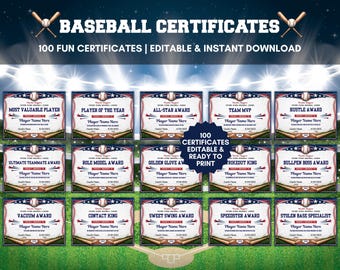 Editable Baseball Award Certificates, Printable Baseball Team Award Templates, End of Season Awards, Funny Baseball Awards, Banquet Awards