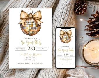 New Years Eve Party Invitation, Digital Gold Mirrored Ball NYE Invite, Friends and Family Cocktail Party Evite, Printable and Mobile Invite