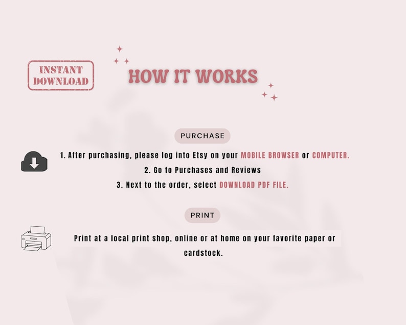 May include: A light pink graphic with instructions on how to download a digital product from Etsy. The text includes "INSTANT DOWNLOAD" and "HOW IT WORKS". Instructions are provided for purchase, and printing at home or a local print shop.