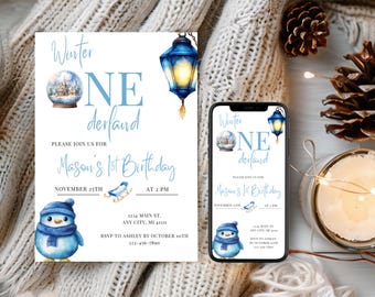 Winter ONEderland ersten Geburtstag Party Einladung, Junge Winter Wunderland, Weihnachten Geburtstag Junge einladen, Schneeflocke Winter Junge einladen WO01