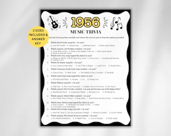 70th Birthday Music Trivia Game, 70th Birthday Game, 1956 Trivia Match up Quiz, Music Trivia Quiz, 1956 Birthday Games, Born in 1956