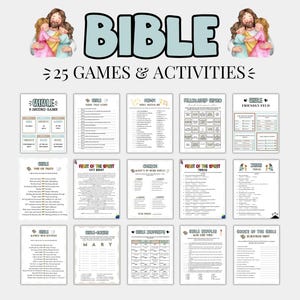 May include: A collection of 25 Bible games and activities, featuring the word "BIBLE" in large, light blue letters. The image includes illustrations of Jesus with children and various game sheets with text and graphics, suitable for religious education.