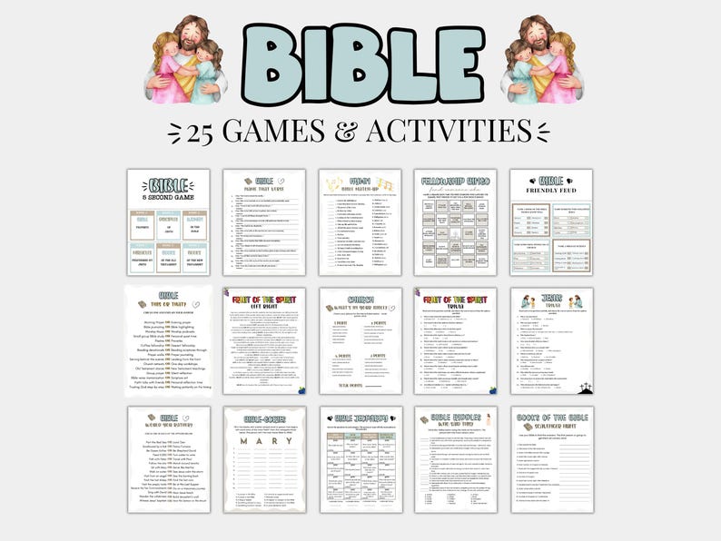Pu&ograve; includere: Un'immagine che mostra 25 giochi e attivit&agrave; a tema biblico. La parola "BIBLE" &egrave; visualizzata in grandi lettere azzurre. L'immagine include illustrazioni di Ges&ugrave; con bambini e vari fogli di gioco con testo e grafica, adatti all'educazione religiosa.