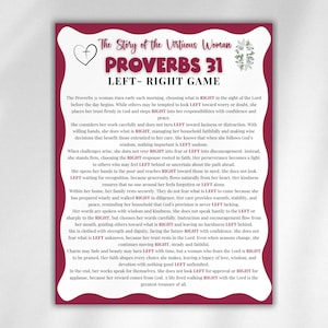 Può includere: Una stampa color bordeaux con il testo "The Story of the Virtuous Woman Proverbs 31 LEFT - RIGHT GAME". Il testo è in un carattere decorativo, con accenti floreali. Il documento è incorniciato con un bordo bordeaux.