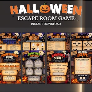 May include: A Halloween escape room game printable set featuring eight distinct puzzle cards with spooky themes including a locked gate, ghostly message, spider's web, bat count, pumpkin patch code, graveyard riddles, vampire's secret, and final escape.