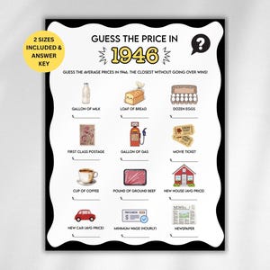 May include: A black and white game board titled "Guess the Price in 1946." The game includes illustrations of items like milk, bread, eggs, postage, gas, movie tickets, coffee, beef, a house, a car, wages, and a newspaper.