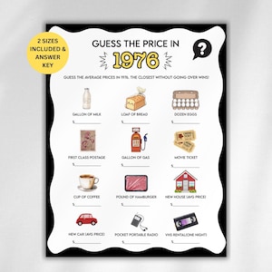Puede incluir: Un juego de mesa en blanco y negro titulado "Adivina el precio en 1976". El juego incluye ilustraciones de artículos como un galón de leche, una barra de pan y un coche nuevo, con espacios para adivinar los precios.