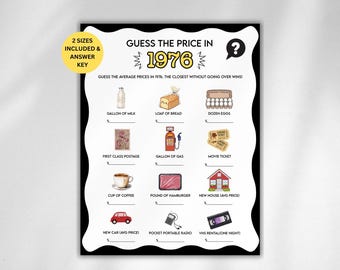 Pode incluir: Um jogo de tabuleiro a preto e branco intitulado "Adivinhe o preço em 1976". O jogo inclui ilustrações de itens como um galão de leite, um pão e um carro novo, com espaços para adivinhar os preços.