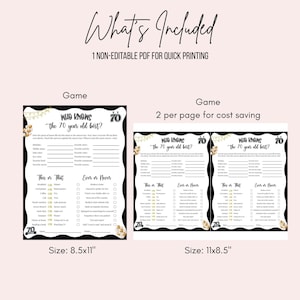 May include: A printable party game titled "Who Knows the 70 Year Old Best?" with a black border and gold accents. The game includes fill-in-the-blank questions and "This or That" and "Ever or Never" sections. The image also shows a version with two games per page.