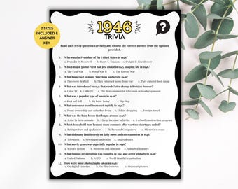 80th Birthday Trivia Game, Historic Senior Trivia Game, 1946 Trivia Match up Quiz, 80th Birthday Game, 1946 Birthday Games, Born in 1946