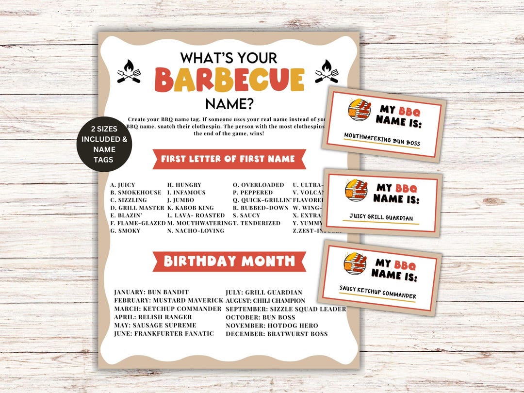 BBQ Name Game + Name Tags, Summer Party Game for Kids Adults, Baby Q ...
