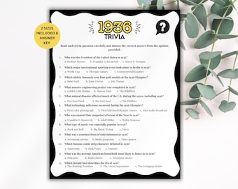 90th Birthday Trivia Game, Historic Senior Trivia Game, 1936 Trivia Match up Quiz, 90th Birthday Game, 1936 Birthday Games, Born in 1936