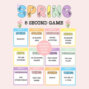 May include: A colorful game set with the word "SPRING" in pastel letters and floral accents. The game includes cards with categories like "Holidays," "Fruits," and "Vegetables." The text "5 SECOND GAME" is also visible.
