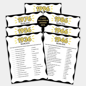 May include: A collection of game cards with the years 1936, 1946, 1956, 1966, 1976, and 1996 displayed in a yellow and black design. Each card features a list of slogans and a corresponding answer key.