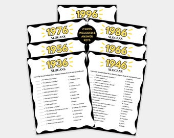 Pode incluir: Um conjunto de cartões de jogo com os anos 1936, 1946, 1956, 1966, 1976 e 1996 em um design amarelo e preto. Cada cartão apresenta uma lista de slogans e uma chave de respostas.