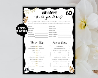 Who Knows The 60 Year Old Best, 60th Birthday Games for Him Her, Birthday Quiz, Birthday Trivia, Printable Birthday Games, Birthday Activity