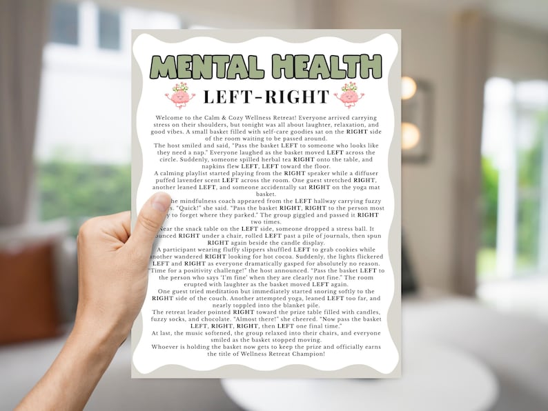 May include: A rectangular game card with a light gray border and a white background. The title MENTAL HEALTH LEFT-RIGHT is printed in green at the top, flanked by two pink brain illustrations. The card contains a story with black text.
