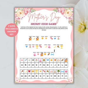 以下が含まれることがあります： ピンク色の母の日シークレットコードゲームの印刷物で、花のアクセントが付いています。ゲームには、春をテーマにした写真のキーを使用して解読する秘密のメッセージが含まれています。テキストには「2つのサイズが含まれています＆回答キー」が含まれています。