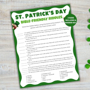 St Patrick's Day Bible Riddles, St. Patrick's Party Game, St Patricks Day Activities, Christian Games for Sunday School, Bible Study Games