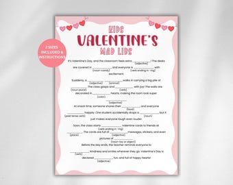Pode incluir: Um jogo Mad Libs rosa do Dia dos Namorados para crianças, com sugestões para preencher. O design inclui corações vermelhos e o texto "KIDS VALENTINE'S MAD LIBS". Inclui instruções e dois tamanhos.