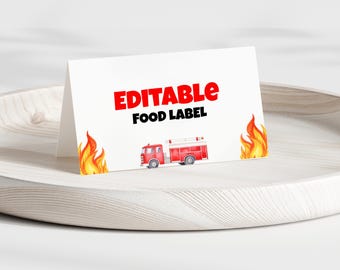 Fire Truck Food Label Tent Card, Fire Engine Birthday Party Decor, Firefighter Birthday Food Tent Label, Fire Engine Party Label Cards F01D