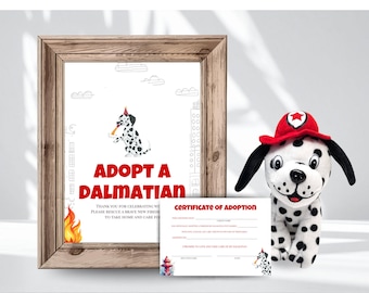 Adopt a Dalmatiner Party Favor Zeichen, Feuerwehrauto Geburtstag Adoption Zertifikat, Feuerwehrmann Geburtstag Geschenk, Feuerwehrauto Party F01D