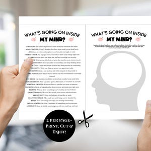 May include: A printable mental health worksheet titled What's Going On Inside My Mind? featuring a list of prompts for emotions, worries, and gratitude, alongside a large gray silhouette of a human head for drawing doodles, symbols, or words.