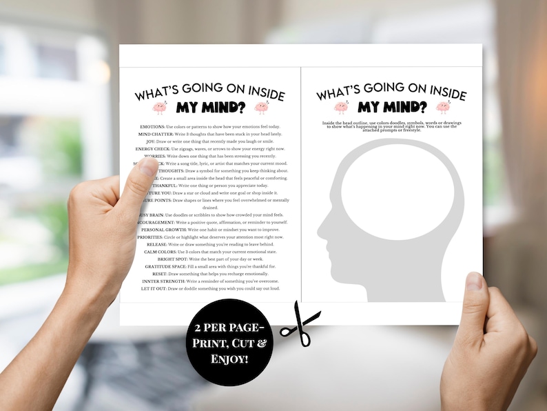May include: A printable mental health worksheet titled What's Going On Inside My Mind? featuring a list of prompts for emotions, worries, and gratitude, alongside a large gray silhouette of a human head for drawing doodles, symbols, or words.