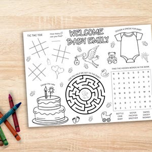 Baby Shower Activity Placemat, Printable Baby Sprinkle Games, Word Search, Maze, I Spy, Tic Tac Toe, Decorate Cake & Onesie BSG01