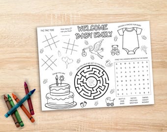 Baby Shower Activity Placemat, Printable Baby Sprinkle Games, Word Search, Maze, I Spy, Tic Tac Toe, Decorate Cake & Onesie BSG01