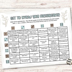 Pu&ograve; includere: Un gioco su carta bianca intitolato "Get to Know You Dicebreaker" con una griglia di domande e due dadi. Il gioco &egrave; progettato per divertimento e conversazione, ideale per gruppi.
