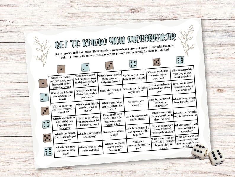 Pu&ograve; includere: Un gioco su carta bianca intitolato "Get to Know You Dicebreaker" con una griglia di domande e due dadi. Il gioco &egrave; progettato per divertimento e conversazione, ideale per gruppi.