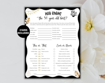 Wer kennt die 50-jährigen Besten, Spiele zum 50. Geburtstag für Ihn Sie, Geburtstags-Quiz, Geburtstags-Trivia, druckbare Geburtstagsspiele, Geburtstagsaktivität