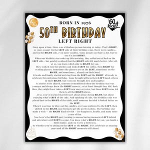 May include: A black and white 50th birthday print with the text "Born in 1976" and "50th Birthday Left Right". The design includes gold accents and a disco ball illustration. The text describes the birthday celebration.