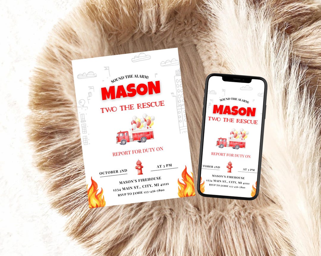 Fire Rescue Invitations Fire Truck Second Birthday Invitation TWO the Rescue Birthday Party ...