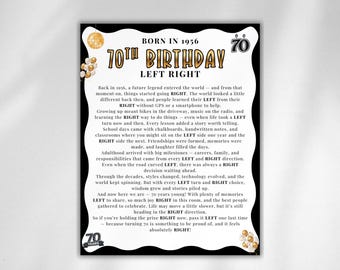 70th Birthday Left Right Game, 70th Birthday Pass the Prize, Pass the Present, Pass the Gift Exchange, 70th Birthday Activity, 1956 birthday