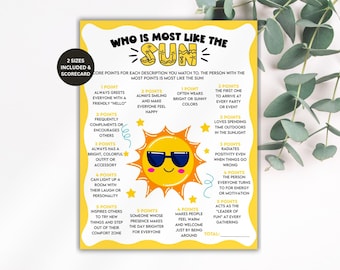 Summer Trivia Game, Who Is Most Like The Sun, Summer Party Game Kids Adults, Pool Party Game, Office Party Game, Vacation Game, Shower Game