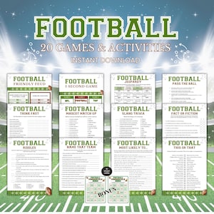 May include: A collection of printable football-themed game sheets featuring titles like Football Friendly Feud, Football Jeopardy, and Football Pass the Ball. The white sheets include text, lists, and checkboxes with green accents and football graphics.