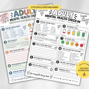 May include: Two printable mental health check-in worksheets with black text and colorful accents. The forms include numbered sections for tracking feelings, energy levels, stress, and daily reflections, featuring prompts like How Am I Feeling Today and Rate Your Day.