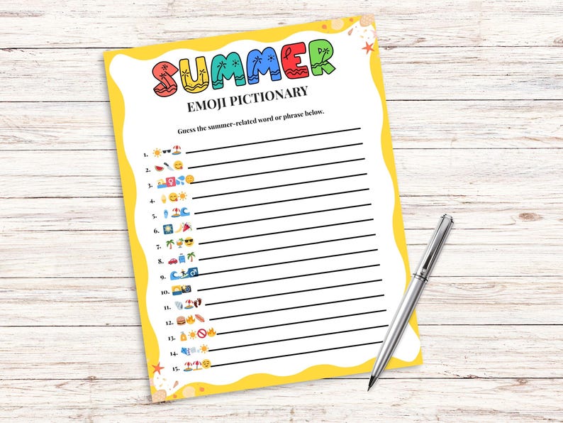 Summer Emoji Pictionary Game, Summer Game for Kids Adults, Summer Party ...