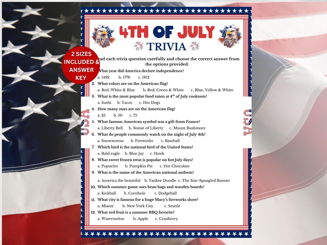 4th of July Trivia Game, Printable Independence Day Trivia, Patriotic ...