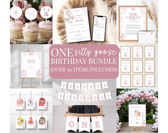 Silly Goose First Birthday Party Bundle, Printable Goose Birthday Party Decor, Pink Goose Birthday Party Invitation, Girl 1st Birthday