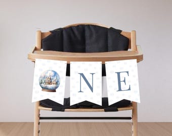 ONEderland Geburtstag Hochstuhl Banner, Blaue Junge Weihnachten erste Geburtstagsfeier, Schneeflocke erster Geburtstag, Winterwunderland-Party WO01